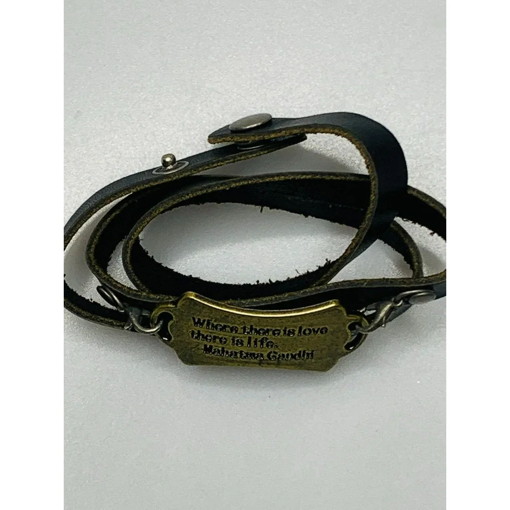 Brown Leather Wrap Bracelet with Mahatma Gandhi Saying
